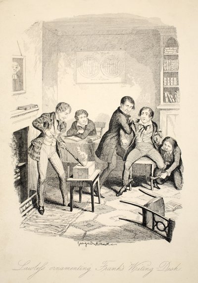 Lawleys Verzierungen auf Franks Schreibtisch, aus Frank Fairlegh oder Szenen aus dem Leben eines Privatschülers, veröffentlicht ca. 1870 von George Cruikshank